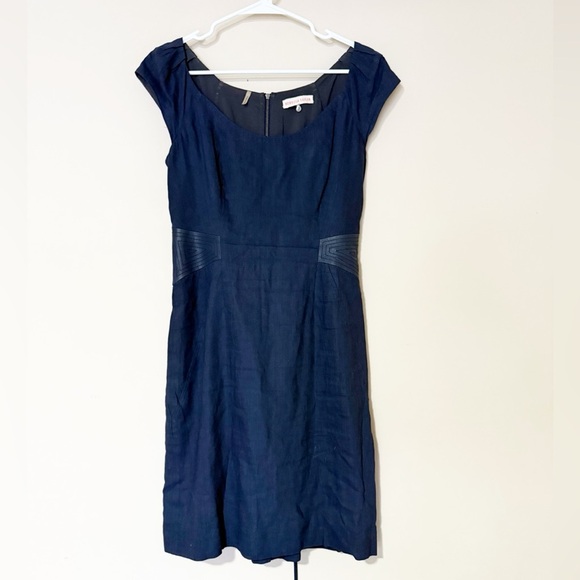 Rebecca Taylor Navy Linen Blend Dress with Lamb Leather Sides & Corset Back 8 - Picture 2 of 8